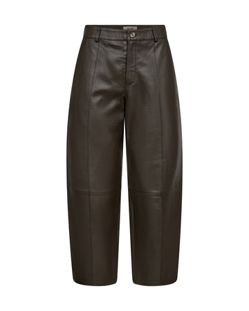 Dark brown leather cropped pants with a button closure and belt loops, shown against a plain white background.