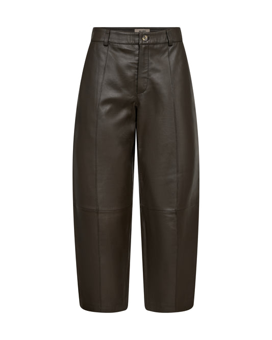 Dark brown leather cropped pants with a button closure and belt loops, shown against a plain white background.