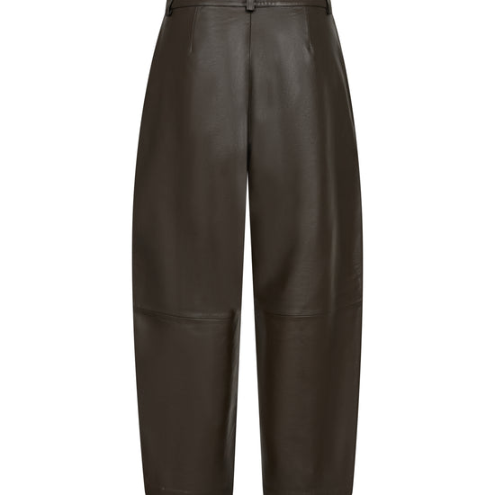 Dark brown wide-leg cropped pants made of smooth leather, shown against a plain white background rear view