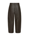 Dark brown wide-leg cropped pants made of smooth leather, shown against a plain white background rear view