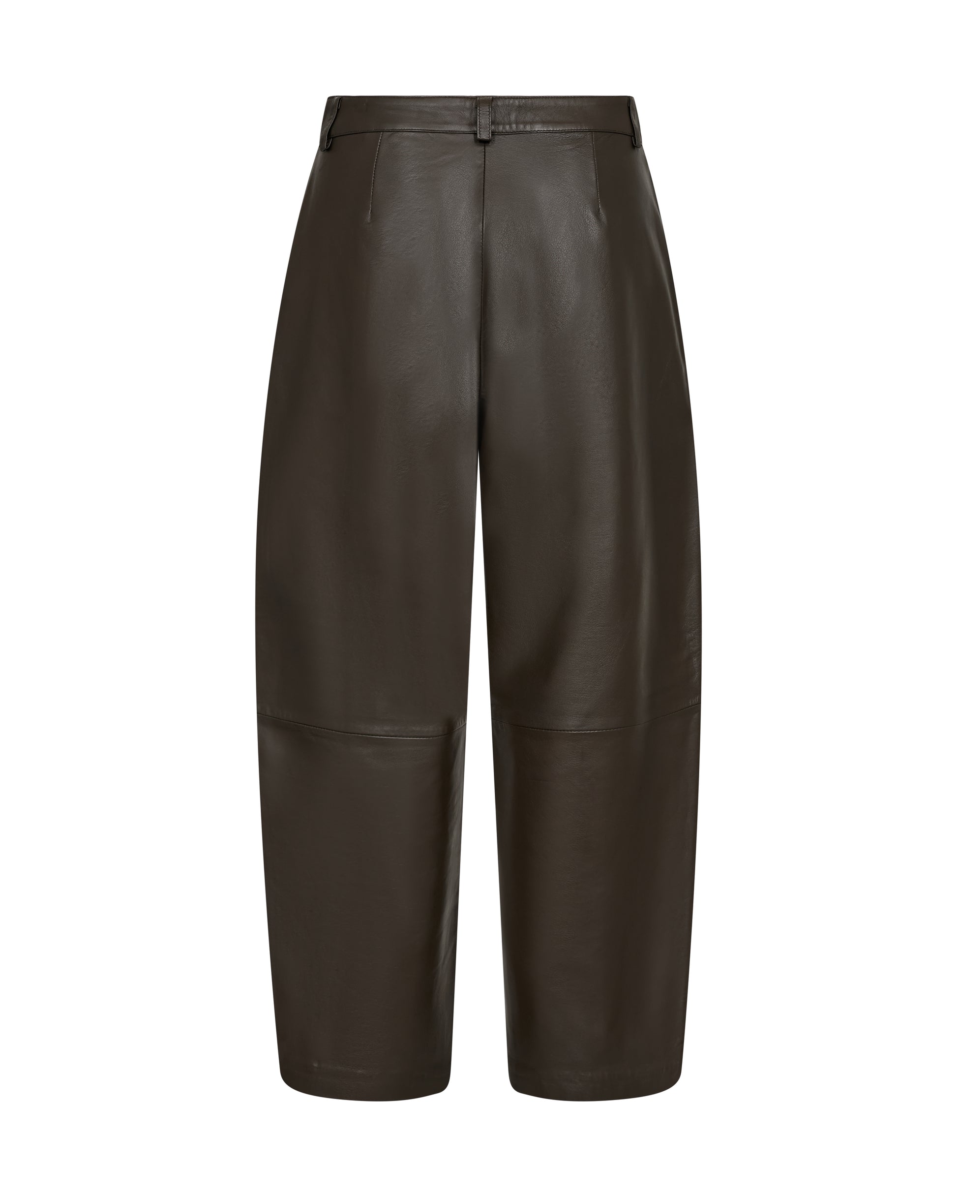 Dark brown wide-leg cropped pants made of smooth leather, shown against a plain white background rear view