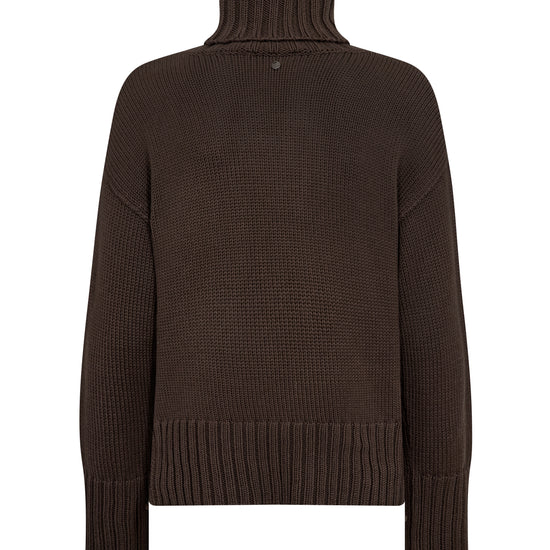 Rear view of brown roll neck jumper on white background