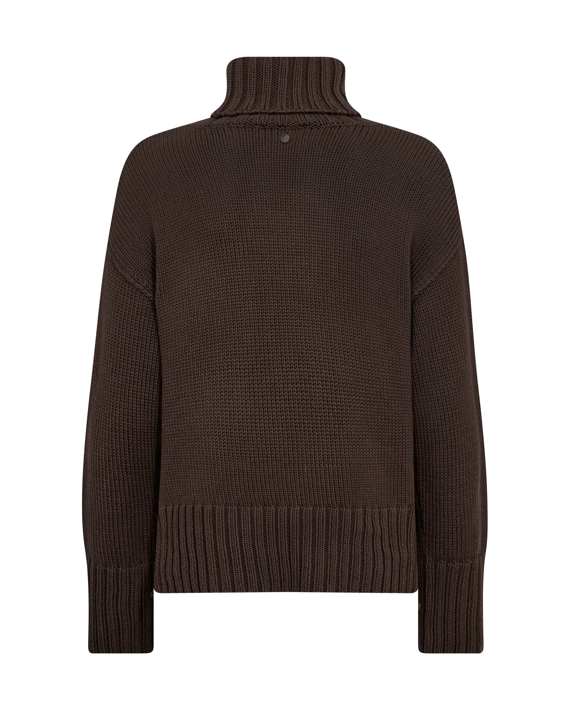 Rear view of brown roll neck jumper on white background