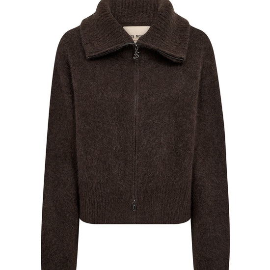 A dark brown knit zip-up jacket with a wide ribbed collar, displayed on a clean white background.