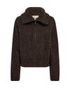 A dark brown knit zip-up jacket with a wide ribbed collar, displayed on a clean white background.