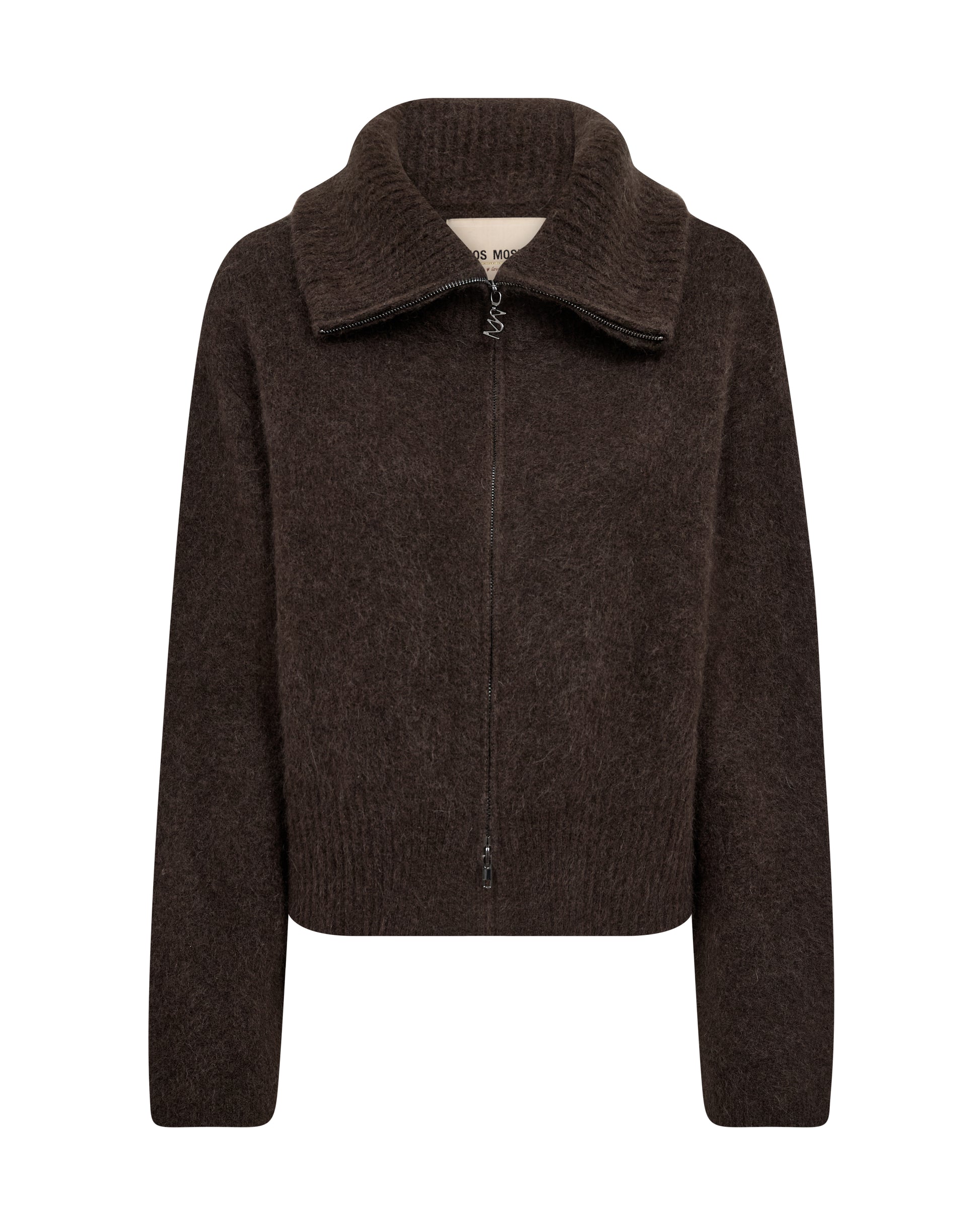 A dark brown knit zip-up jacket with a wide ribbed collar, displayed on a clean white background.