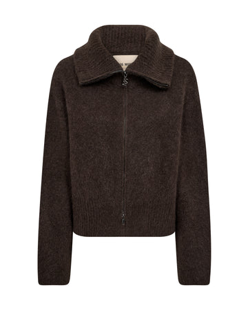 A dark brown knit zip-up jacket with a wide ribbed collar, displayed on a clean white background.