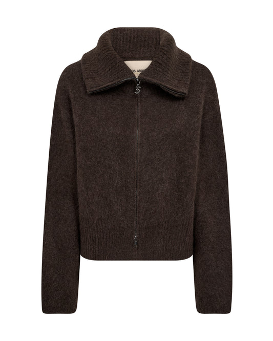 A dark brown knit zip-up jacket with a wide ribbed collar, displayed on a clean white background.