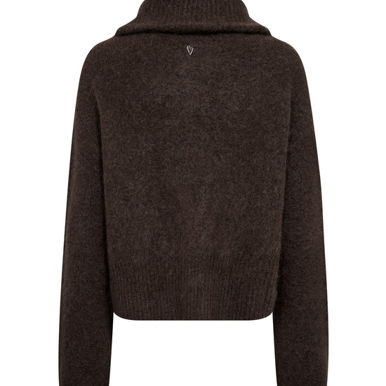 A dark brown knit sweater with a high ribbed mock neck collar, shown from the back on a plain white background.