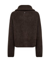 A dark brown knit sweater with a high ribbed mock neck collar, shown from the back on a plain white background.