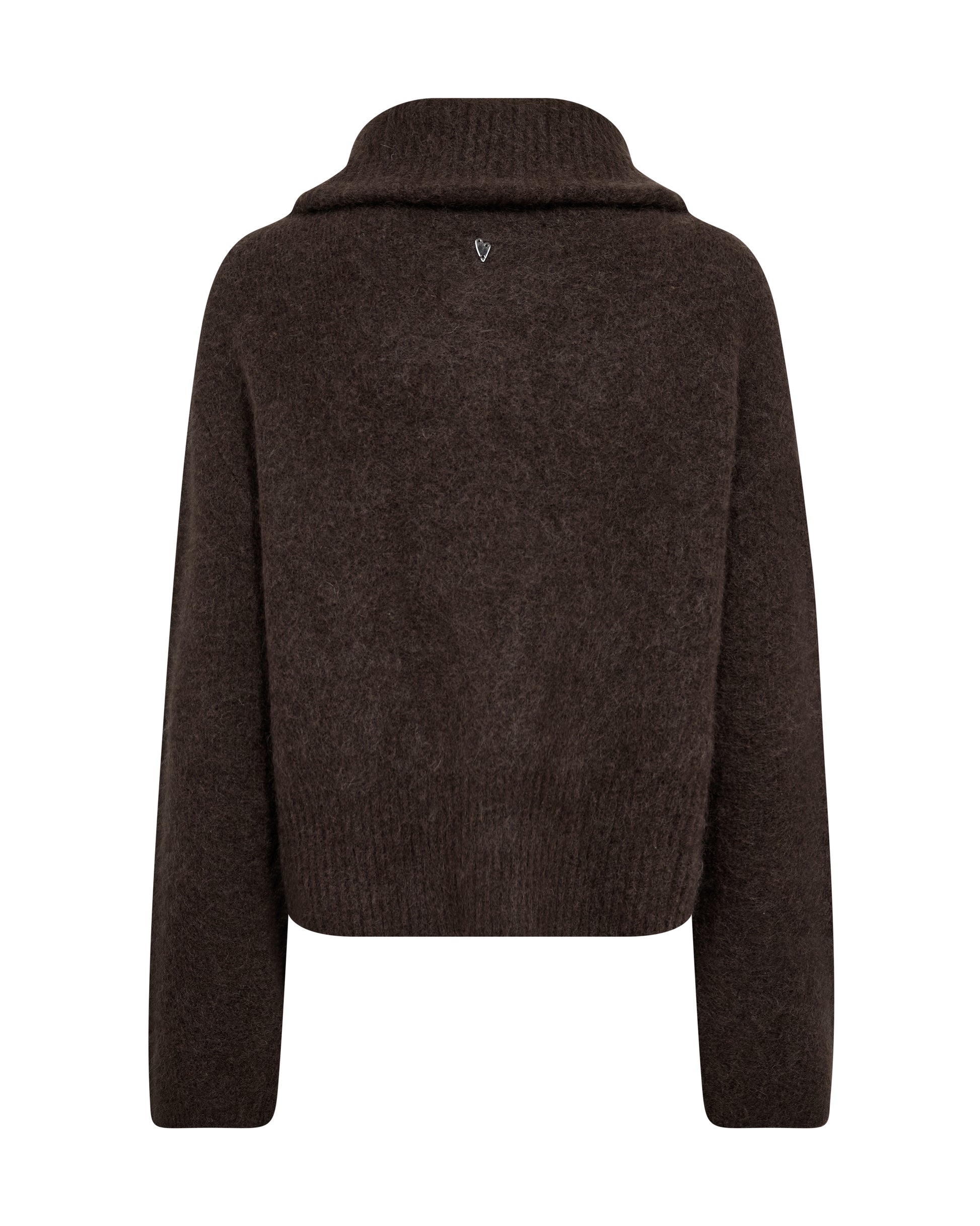 A dark brown knit sweater with a high ribbed mock neck collar, shown from the back on a plain white background.