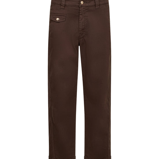 A pair of dark brown straight-leg pants shown flat against a solid white background.