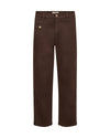 A pair of dark brown straight-leg pants shown flat against a solid white background.