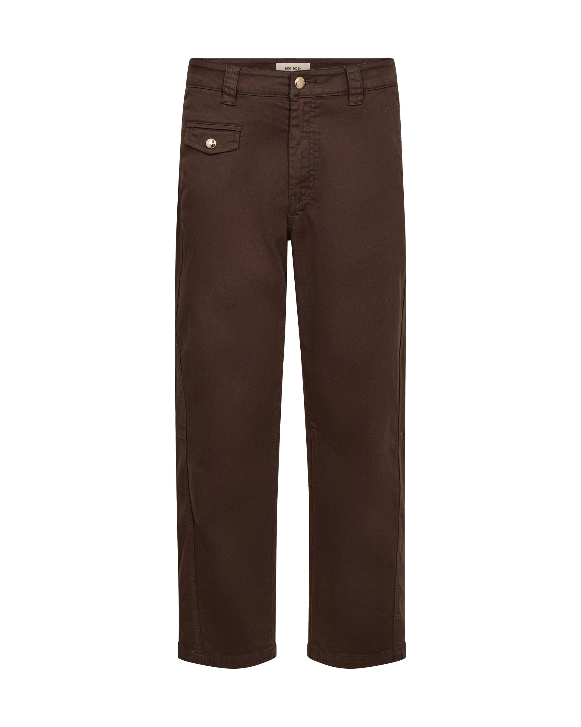 A pair of dark brown straight-leg pants shown flat against a solid white background.