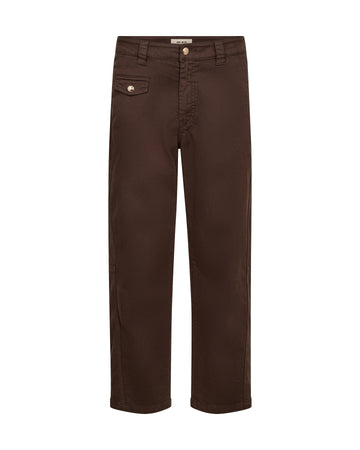 A pair of dark brown straight-leg pants shown flat against a solid white background.