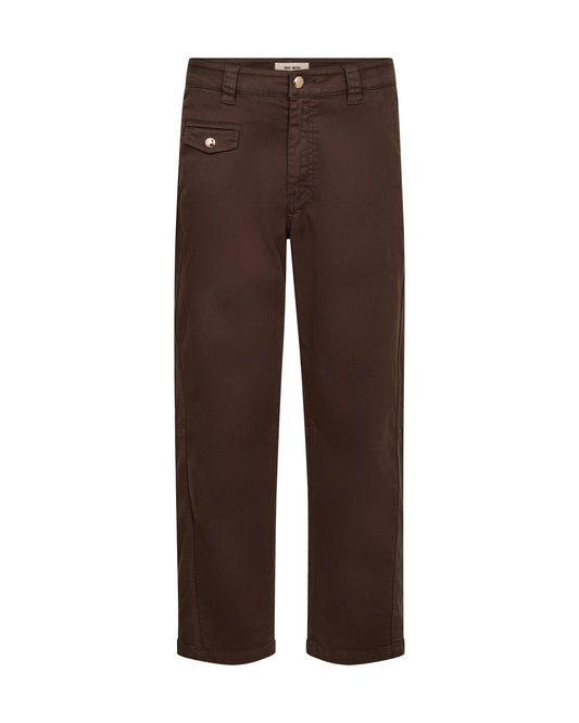A pair of dark brown straight-leg pants shown flat against a solid white background.