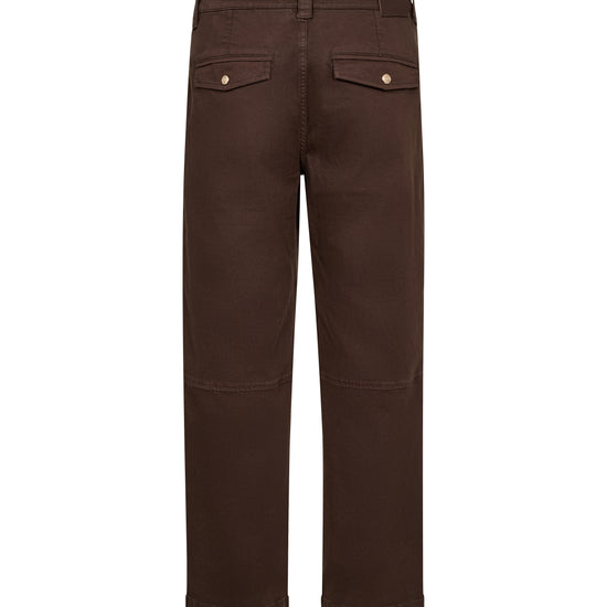 A pair of dark brown straight-leg trousers shown from the back, featuring two buttoned flap pockets at the waist and patch pockets on the legs, set against a plain white background.