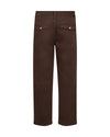 A pair of dark brown straight-leg trousers shown from the back, featuring two buttoned flap pockets at the waist and patch pockets on the legs, set against a plain white background.