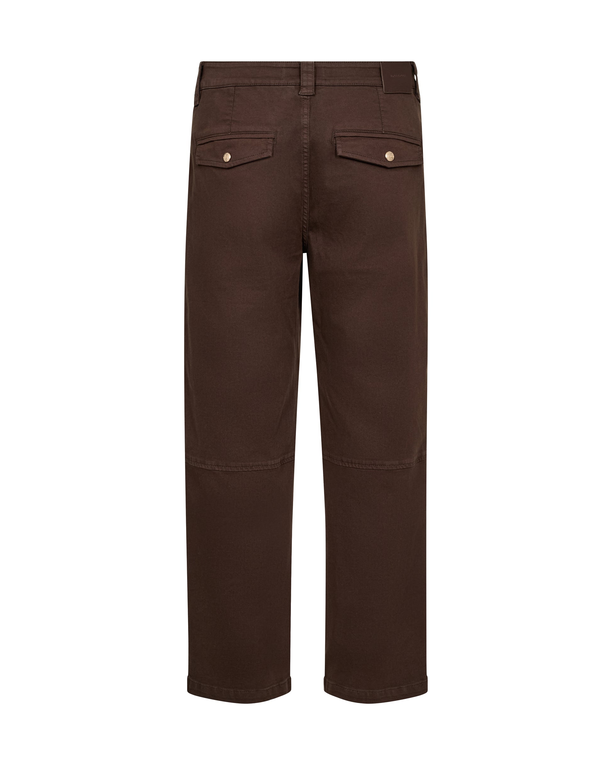 A pair of dark brown straight-leg trousers shown from the back, featuring two buttoned flap pockets at the waist and patch pockets on the legs, set against a plain white background.