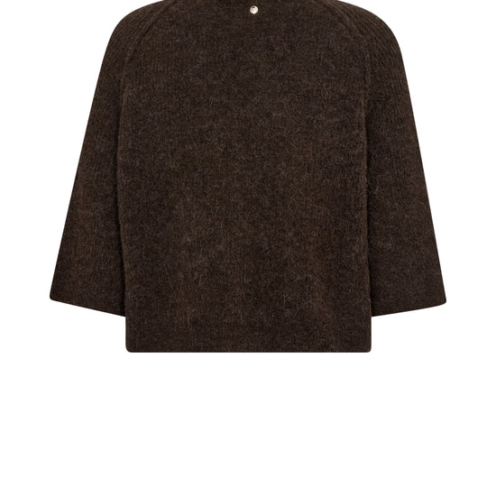 A dark brown textured knit sweater with three-quarter sleeves and a crew neck, shown from the back on a plain white background.