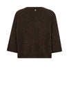 A dark brown textured knit sweater with three-quarter sleeves and a crew neck, shown from the back on a plain white background.