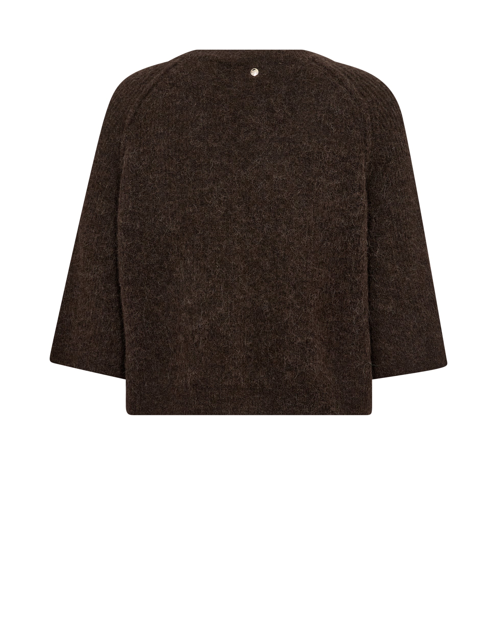 A dark brown textured knit sweater with three-quarter sleeves and a crew neck, shown from the back on a plain white background.