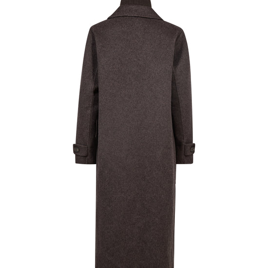 A dark brown wool coat with a high collar and buttoned cuffs, shown from the back on a plain white background.