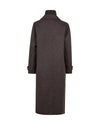 A dark brown wool coat with a high collar and buttoned cuffs, shown from the back on a plain white background.