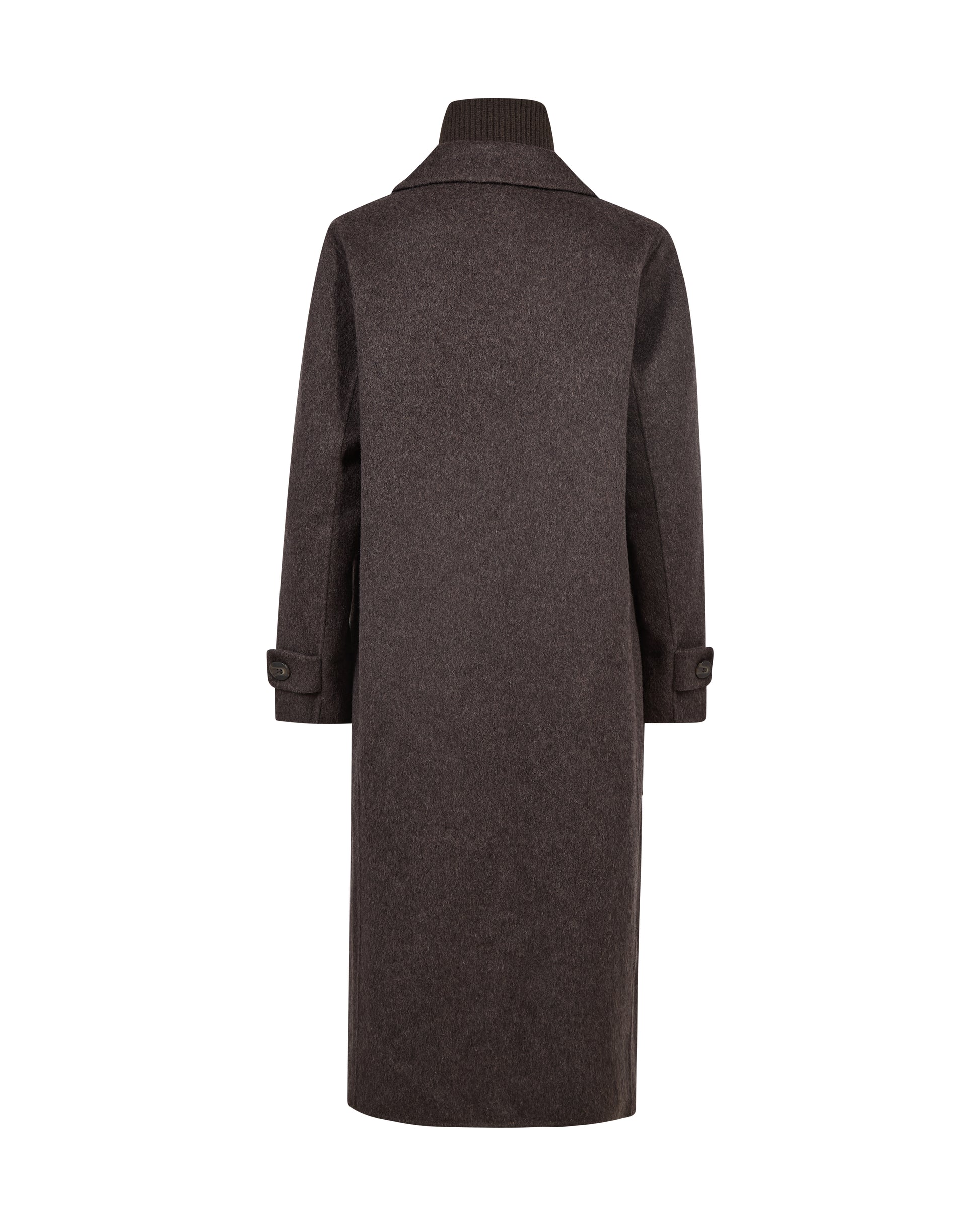 A dark brown wool coat with a high collar and buttoned cuffs, shown from the back on a plain white background.