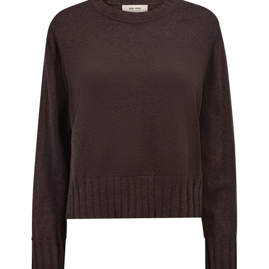 A dark brown long-sleeve knit sweater with a crew neck and ribbed hem and cuffs, shown on a plain white background.