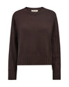 A dark brown long-sleeve knit sweater with a crew neck and ribbed hem and cuffs, shown on a plain white background.