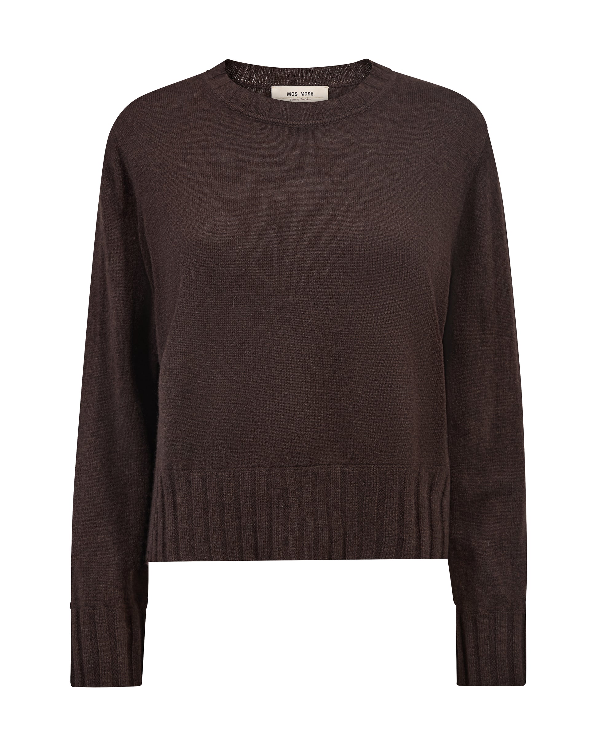 A dark brown long-sleeve knit sweater with a crew neck and ribbed hem and cuffs, shown on a plain white background.