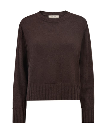 A dark brown long-sleeve knit sweater with a crew neck and ribbed hem and cuffs, shown on a plain white background.