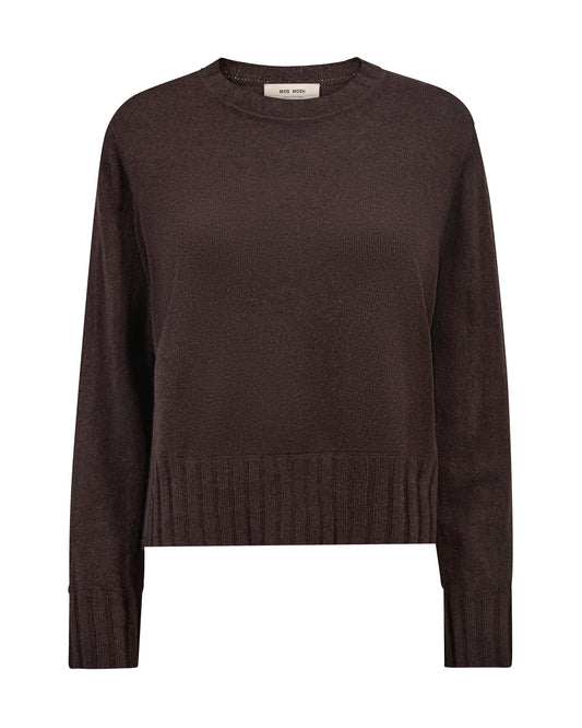 A dark brown long-sleeve knit sweater with a crew neck and ribbed hem and cuffs, shown on a plain white background.