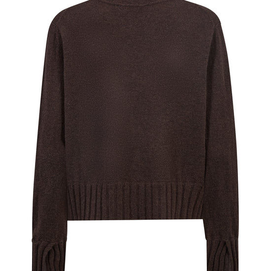 A dark brown long-sleeve knit sweater with a crew neck and ribbed hem and cuffs, shown against a plain white background.