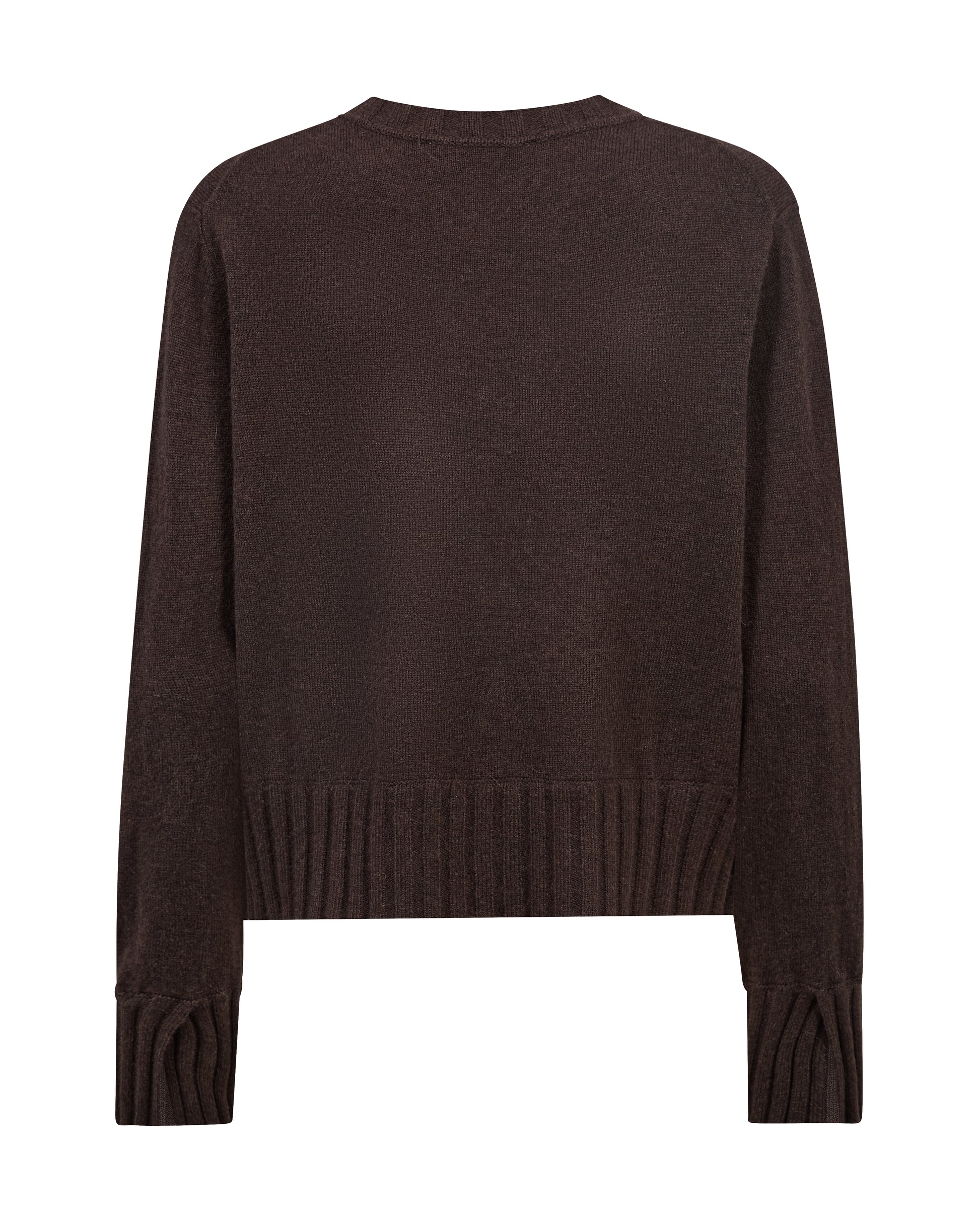 A dark brown long-sleeve knit sweater with a crew neck and ribbed hem and cuffs, shown against a plain white background.
