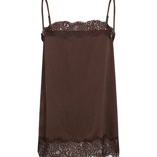 A dark brown satin camisole slip with delicate lace trim at the neckline and hem, displayed against a plain white background.