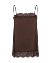 A dark brown satin camisole slip with delicate lace trim at the neckline and hem, displayed against a plain white background.
