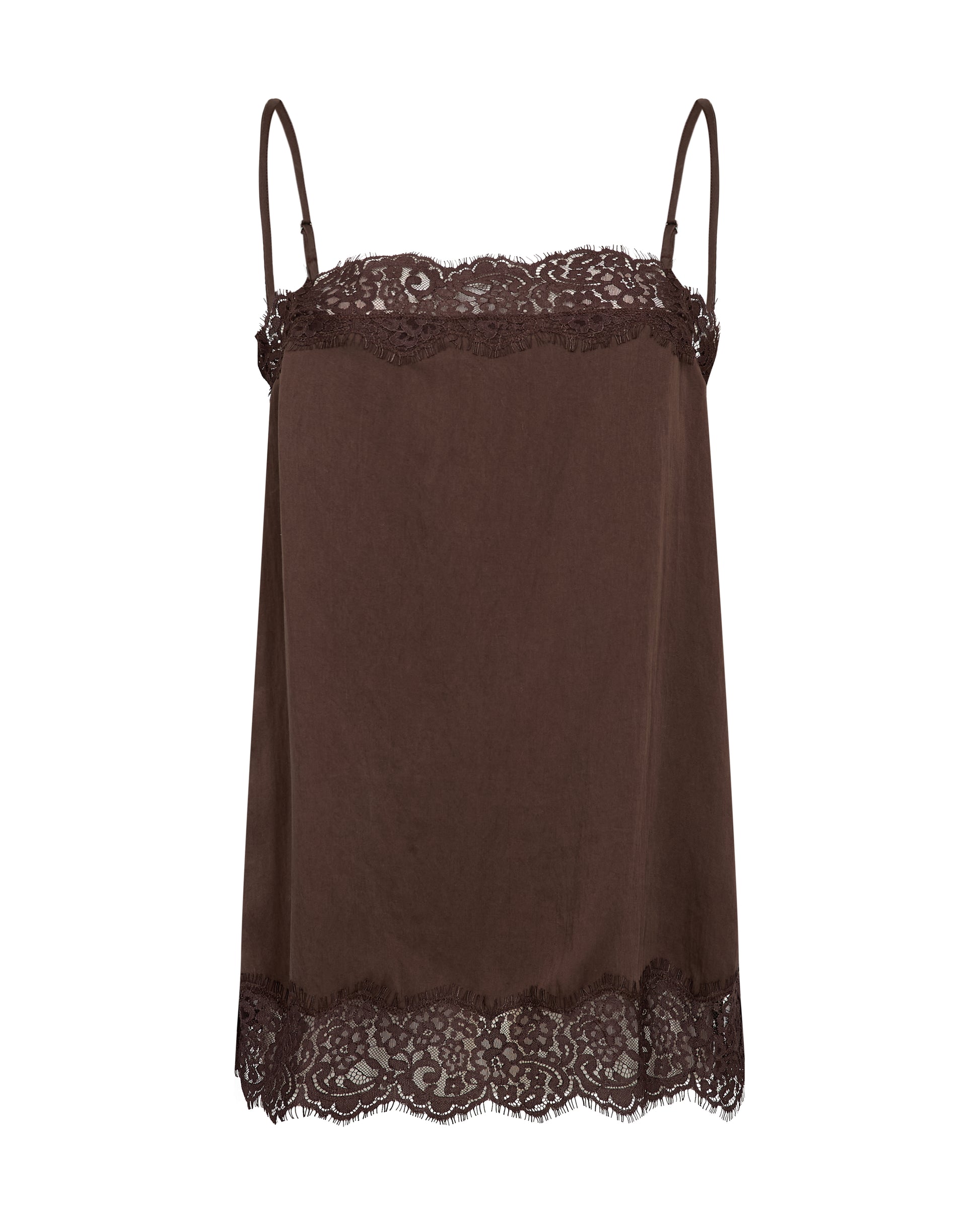 A dark brown satin camisole slip with delicate lace trim at the neckline and hem, displayed against a plain white background.