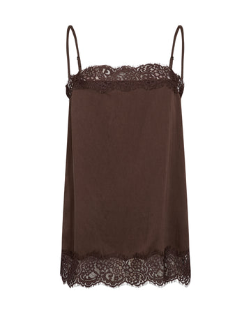 A dark brown satin camisole slip with delicate lace trim at the neckline and hem, displayed against a plain white background.