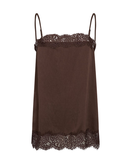 A dark brown satin camisole slip with delicate lace trim at the neckline and hem, displayed against a plain white background.