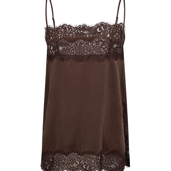 A dark brown sheer satin camisole with intricate lace trim at the bust and hem, displayed against a solid white background.