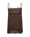 A dark brown sheer satin camisole with intricate lace trim at the bust and hem, displayed against a solid white background.