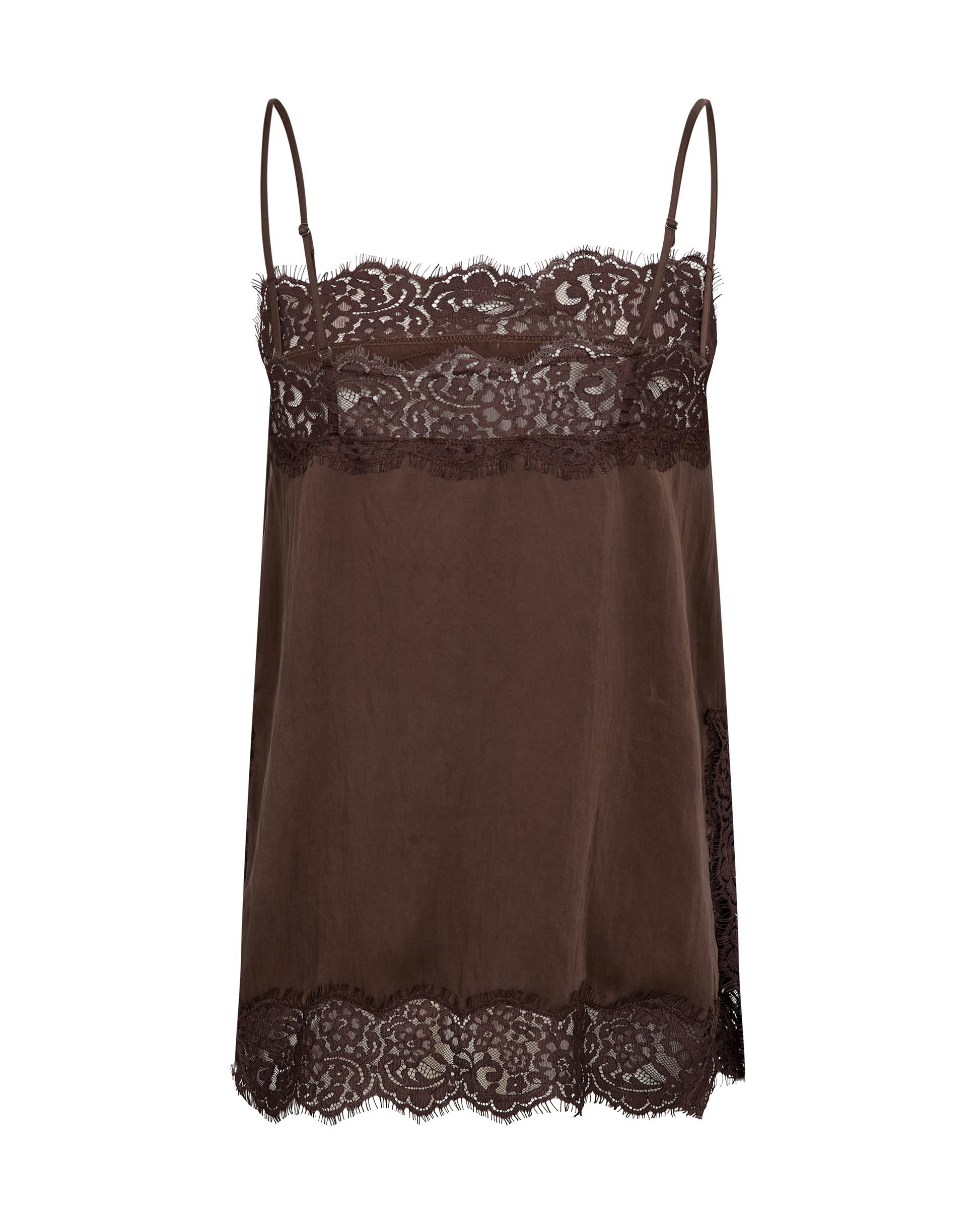 A dark brown sheer satin camisole with intricate lace trim at the bust and hem, displayed against a solid white background.