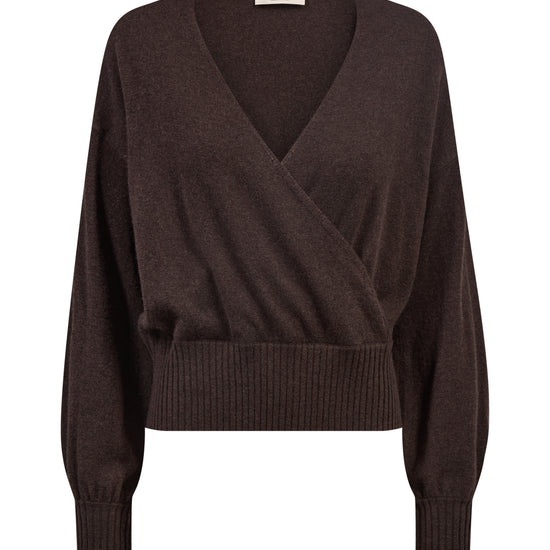 A dark brown knit wrap sweater with long sleeves, ribbed cuffs, and a wide ribbed hem, shown against a plain white background.