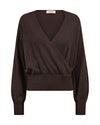 A dark brown knit wrap sweater with long sleeves, ribbed cuffs, and a wide ribbed hem, shown against a plain white background.