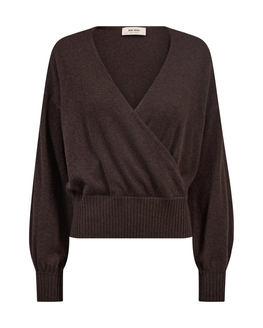 A dark brown knit wrap sweater with long sleeves, ribbed cuffs, and a wide ribbed hem, shown against a plain white background.