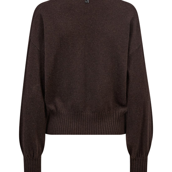 A dark brown knit sweater with long balloon sleeves and a ribbed hem and cuffs, shown from the back on a plain white background.