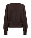 A dark brown knit sweater with long balloon sleeves and a ribbed hem and cuffs, shown from the back on a plain white background.