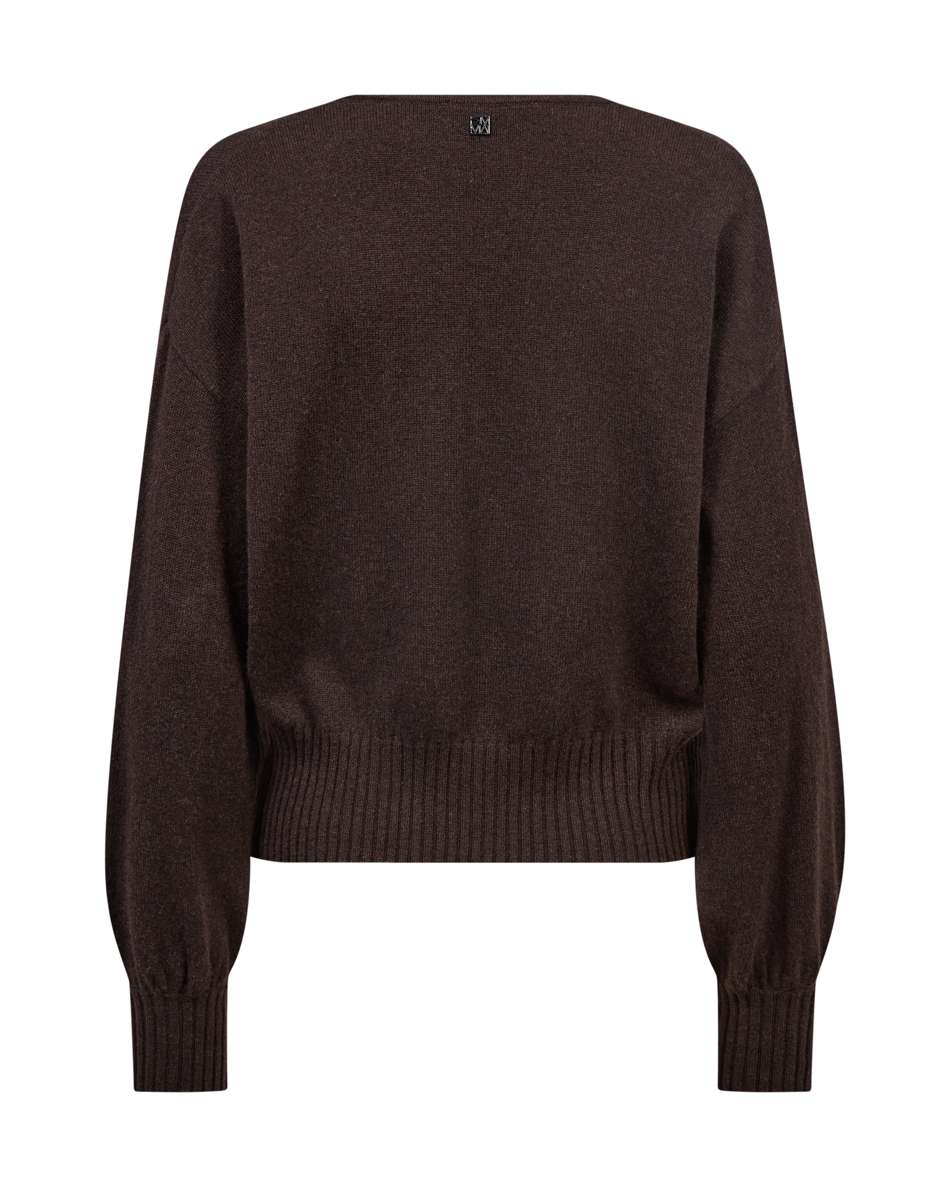 A dark brown knit sweater with long balloon sleeves and a ribbed hem and cuffs, shown from the back on a plain white background.